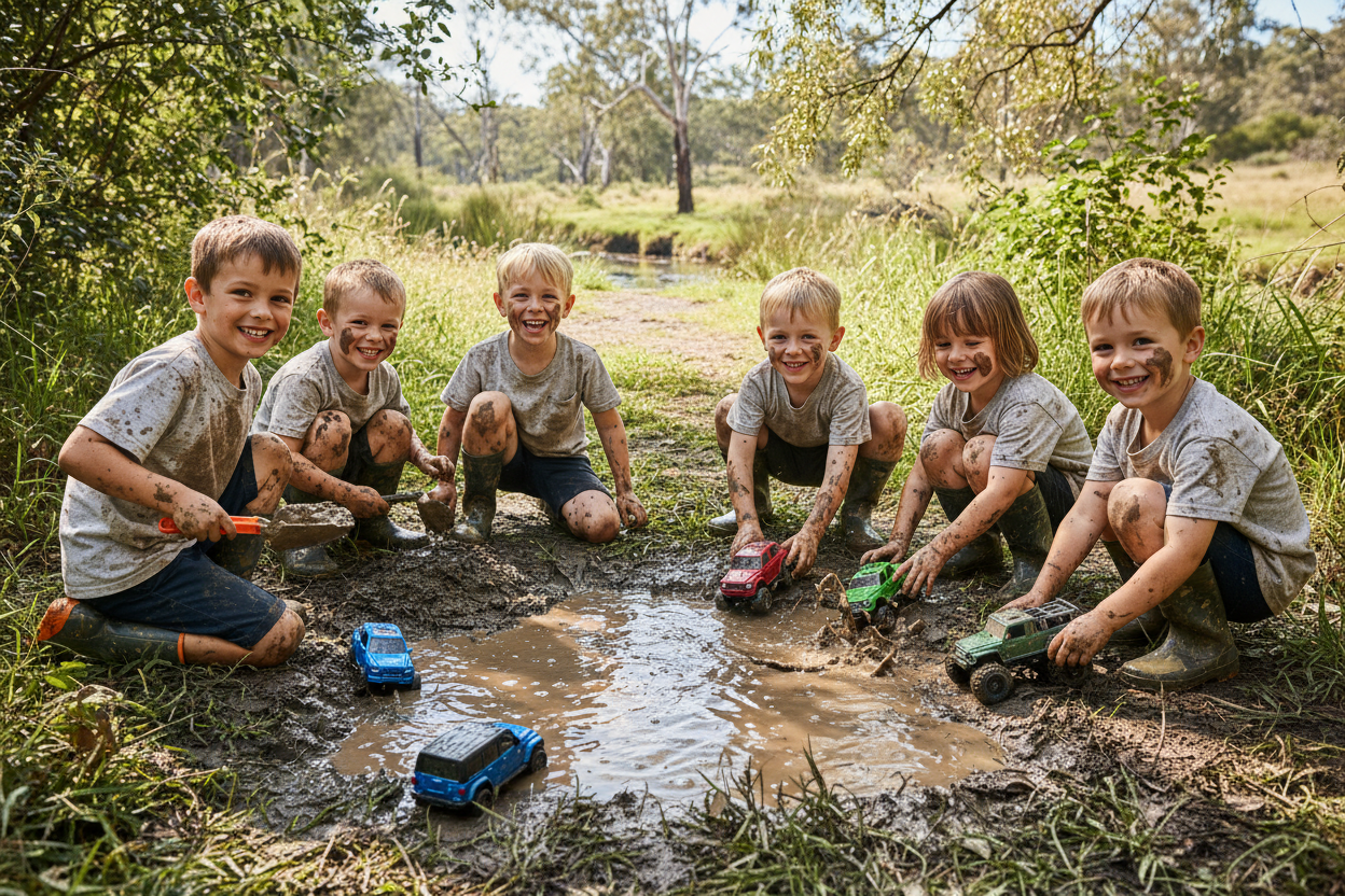 kids playing in mud with diecast 4wd toy cars